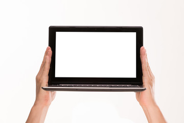 Man's hands holding laptop