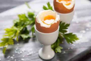 Boiled eggs on marble background