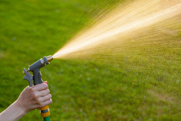 Hand holding garden hose with water spray