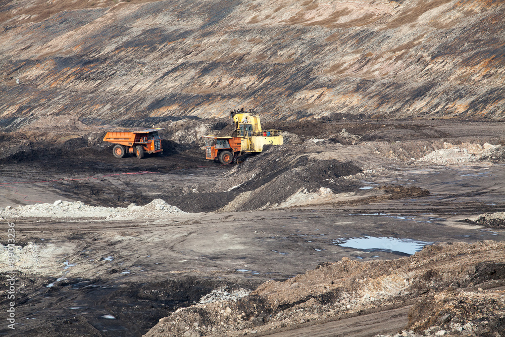 Wall mural part of a pit with big mining truck working