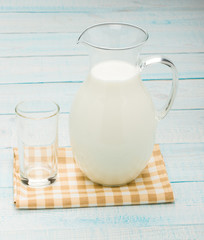 A glass of empty  and a milk jug on plaid tablecloth.