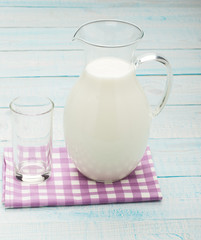 Obraz na płótnie Canvas A glass of empty and a milk jug on plaid tablecloth.