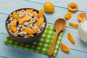 Domestic apricots musli yogurt with milk and crispy