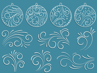 A set of Christmas balls and design scrolls.