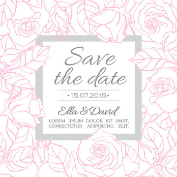 Vector delicate wedding invitation card template with line rose