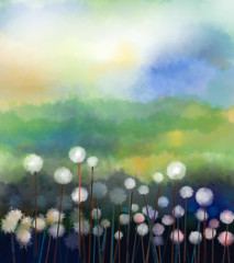 Obraz premium Abstract oil painting white flowers field in soft color. Oil paintings white dandelion flower in the meadows. Spring floral seasonal nature with blue -green hill in background.