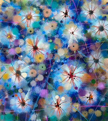 Obrazy  Streszczenie kwiatowy malarstwo akwarela. Farba ręczna Białe kwiaty w delikatnym kolorze na niebieskim i zielonym tle. Wiosenny kwiat sezonowy charakter tła