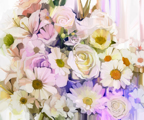 Still life of white color flowers with soft pink and purple background. Oil Painting Soft colorful Bouquet of rose, daisy, lily and gerbera flower. Hand Painted floral Impressionist style