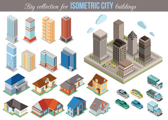 Big collection for isometric city buildings. Set of 3d isometric - obrazy, fototapety, plakaty