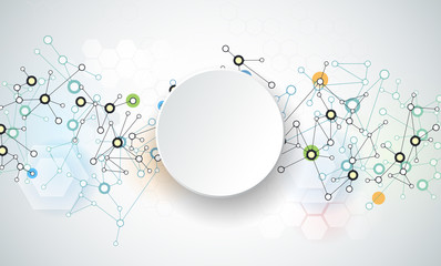 Fototapeta premium Vector illustration of abstract molecules and communication. Social media technology concept with 3D paper label circles design and space for your content, business, network and web design. 
