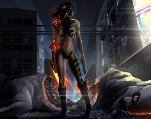 Warrior sci-fi woman standing in futuristic suit with gun & fire claws in front a dead monster body illustration. © breakermaximus