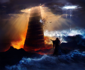 Sorcerer in hood standing in front of an ancient destructed Babylon tower with flood, fire & hurricane illustration.