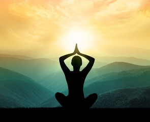 Yoga and meditation. Silhouette of man in moontains. - 89021495