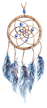 Watercolor ethnic tribal hand made feather dreamcatcher 