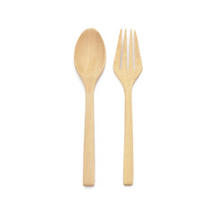 brown wooden spoons and fork on white background