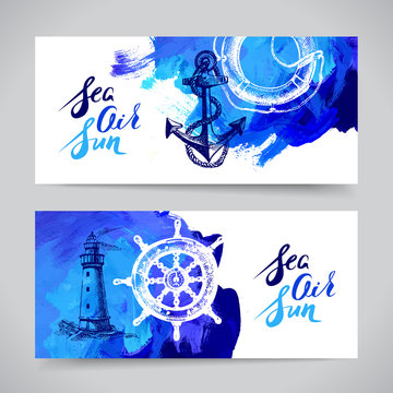 Set of travel marine banners. Sea and ocean nautical design