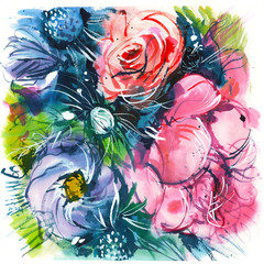 bouquet of purple flowers with red rose & pink peony/ watercolor painting