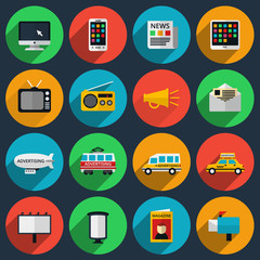 Media and information channels icons with long shadows