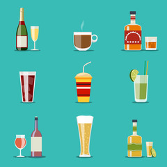 Drink flat icons. Alcohol and beer, wine bottles