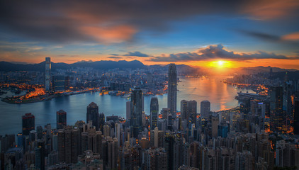 Sunrise over Victoria Harbor as viewed atop Victoria Peak