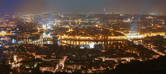 Naklejka premium Night panorama of Prague, Czech Republic. Castle, Charles Bridge
