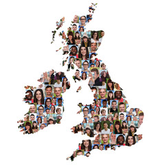 Great Britain and Ireland map multicultural group of young peopl