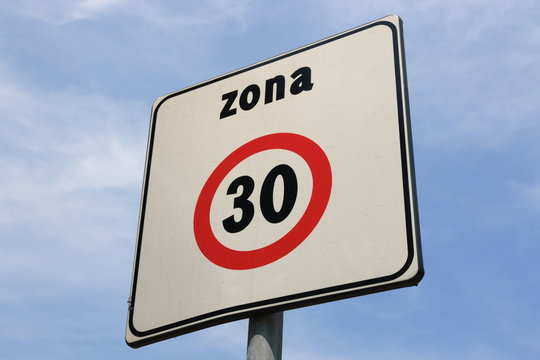 The road sign for a 30 km/h zone in Italy