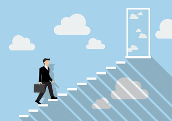 Businessman stepping up a staircase to the real sky