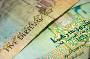 UAE Dirhams. Banknote background close up