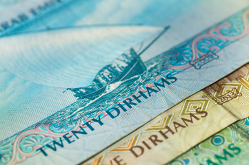 UAE Dirhams. Banknote background close up
