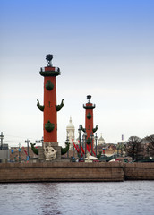 Russia. Petersburg. An arrow of Vasilevsky island and Rostral columns