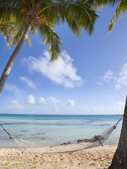 Hammock between palm trees on the seashore and the blue sky with clouds