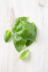 fresh basil leafs on wooden table