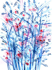 blue bush with red berries, abstract watercolor background