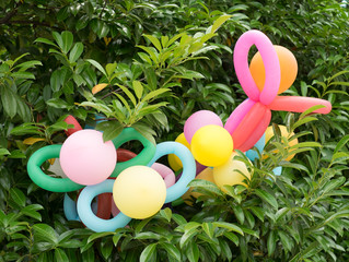 Colorful balloons in magnolia branches.