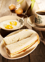 Traditional Malaysian breakfast kaya butter toast and coffee