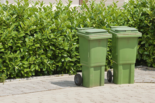 Zwei grüne Mülltonnen für Bioabfall vor einer grünen Hecke