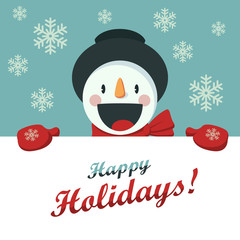 Happy Snowman greets you. Christmas background with snowflakes.