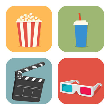 Movie showing with Popcorn, drinks, clapper board and 3D Stereo