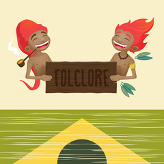 Saci pererê and Curupira - characters of the brazilian folklore holding a wooden sign - obrazy, fototapety, plakaty