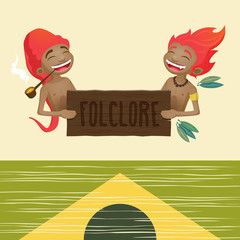 Saci perer&ecirc; and Curupira - characters of the brazilian folklore holding a wooden sign