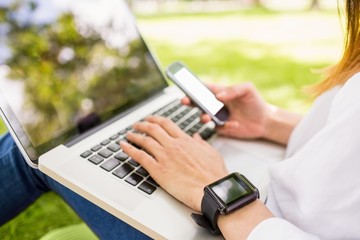 Beautiful brunette using laptop in the park