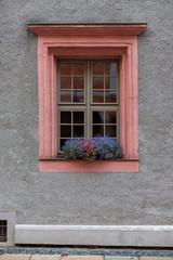 Fototapeta na wymiar Pink window with flowers in an old house on a gray wall.