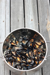 Steamed fresh mussels with wine and parsley.