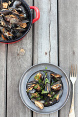 Steamed fresh mussels with wine and parsley.