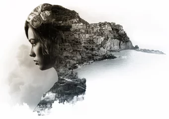Double exposure portrait of a woman and view of Manarola. Italy © Alex Tihonov