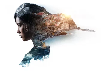 Double exposure portrait of a woman and view of Manarola. Italy © Alex Tihonov
