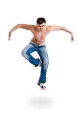 young break dancer showing his skills on white background