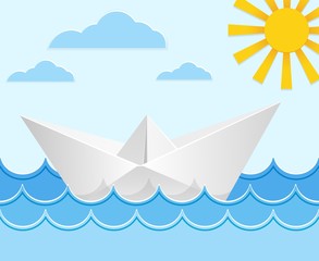 Fototapeta na wymiar Origami paper ship on ocean waves. Vector illustration