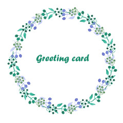 Circle frame, wreath of blue and green abstract berries and leaves painted in watercolor on a white background, greeting card, decoration postcard or invitation